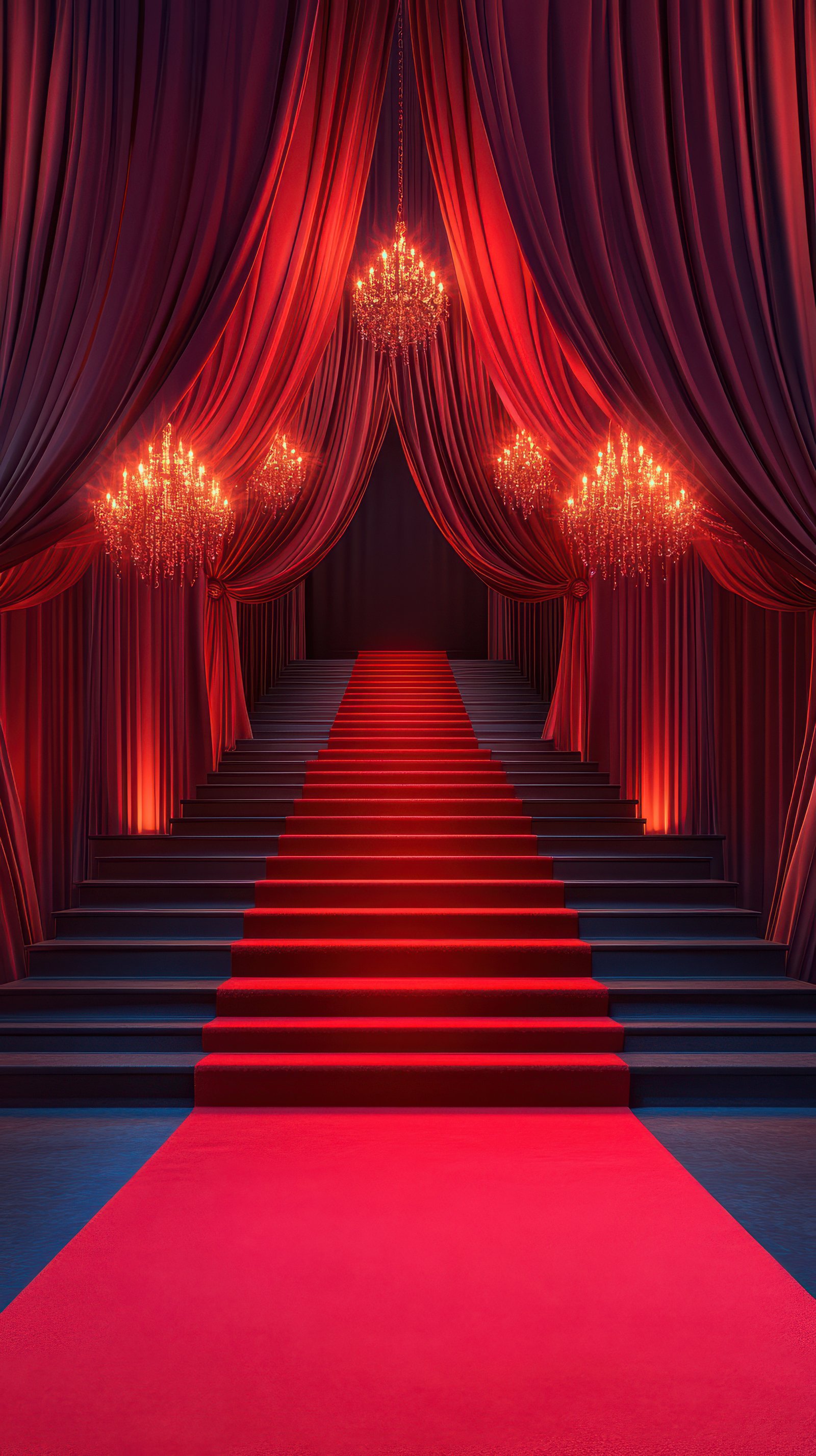 Elegant red carpet leading to a grand entrance with chandeliers and luxurious drapery at night